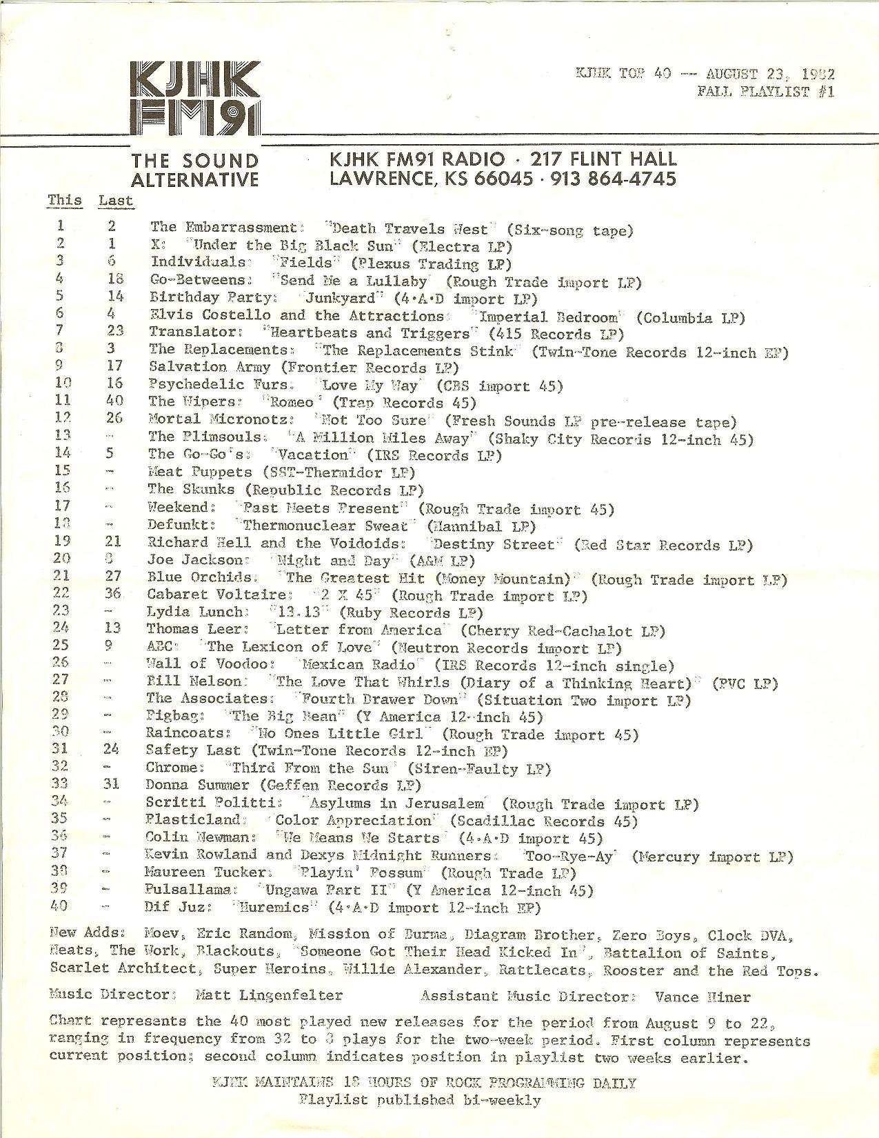 KJHK PLAYLIST AUG 1982